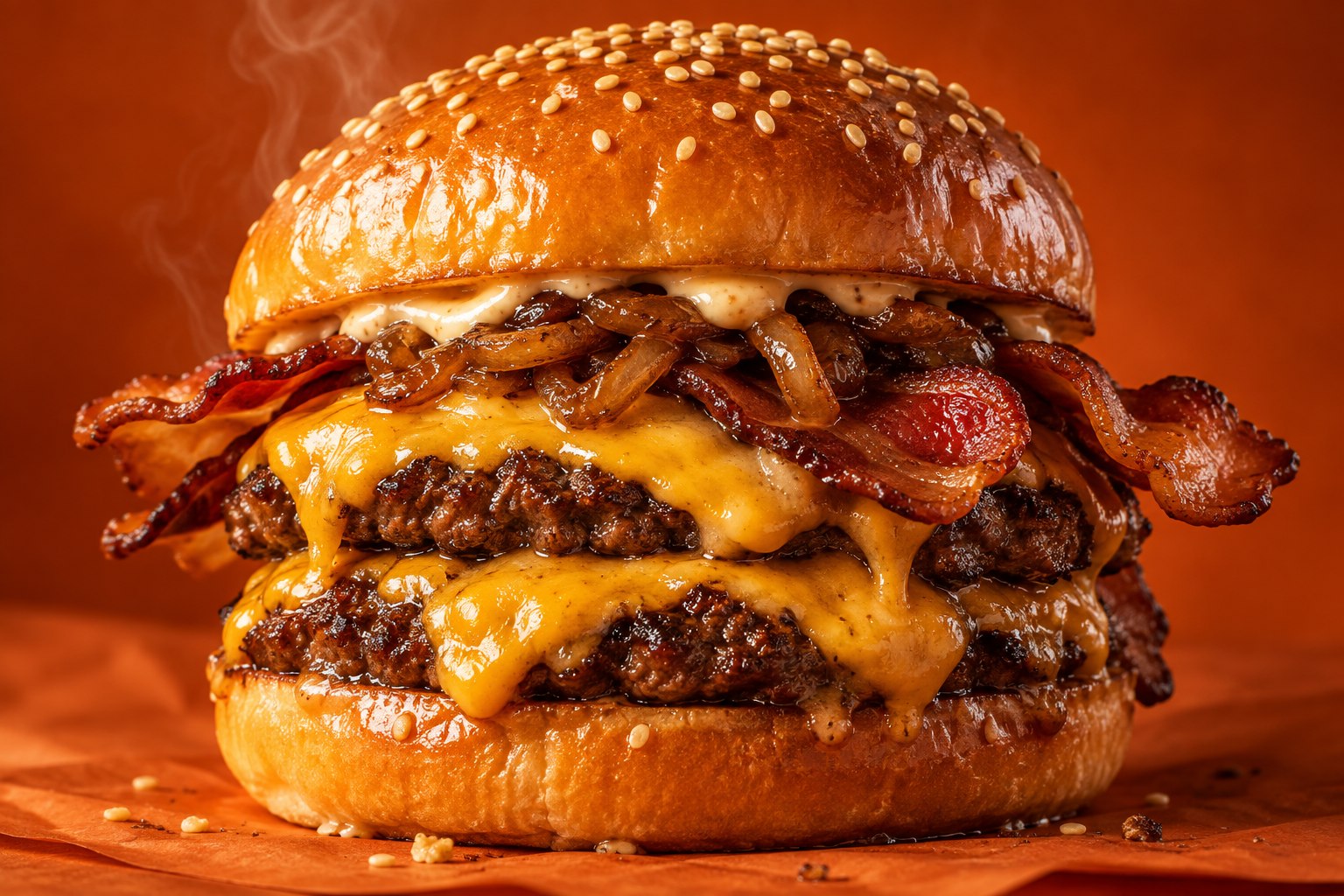 Smash burger artesanal com cheddar derretido, bacon crocante e pão brioche dourado